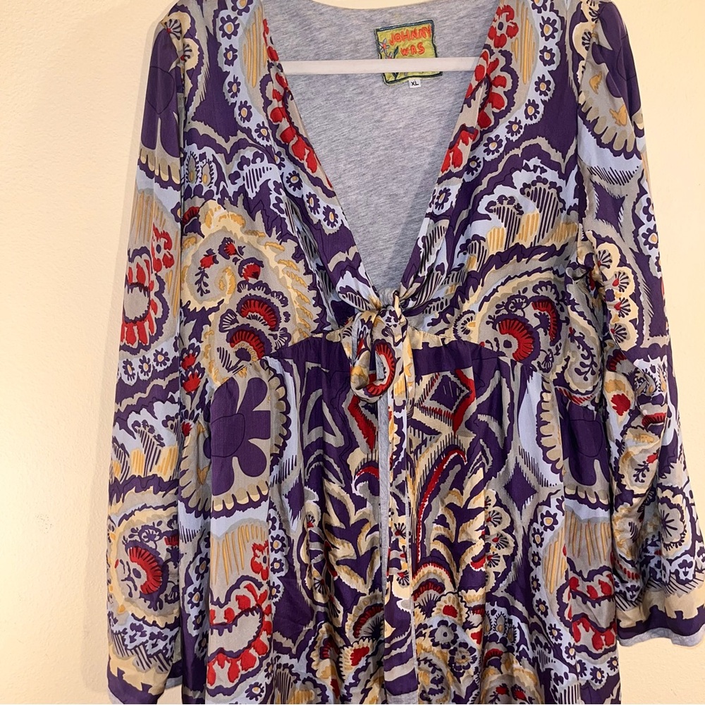 Johnny Was Purple Floral Paisley Tie-Front Tunic with Red & Cream Accents